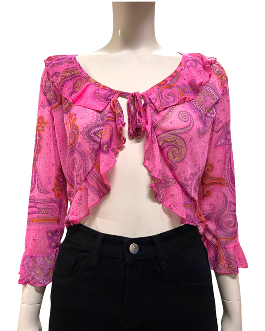 Paisley Mesh Tied Bell Sleeve Blouse Small