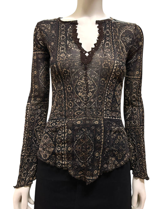 Balmain Brown Patterned Mesh Sheer Belle Sleeve Top Small