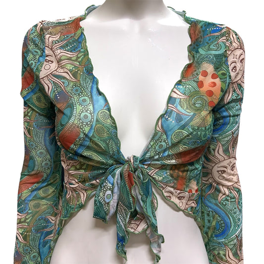 Women’s Celestial Sun Print Mesh Tie Front Bell Long Sleeve Crop Top