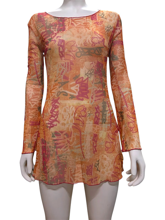 Wome’s Mesh Graffiti Printed Bell Sleeve Side Open Hip Mini Dress