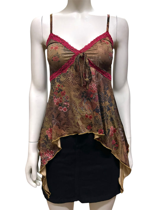 Y2K Floral Asymmetrical Trim Bow Tie Boho Sleeveless Cami Going Out Cami Top