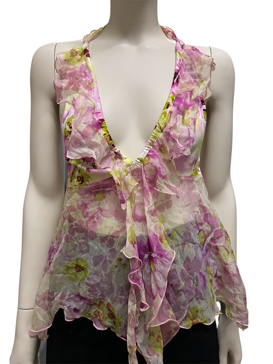 Sexy Floral Print Ruffled Halter Neck Tie Front Top