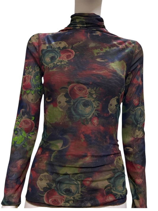 Vintage Floral Print Mesh Turtleneck Longsleeve Top