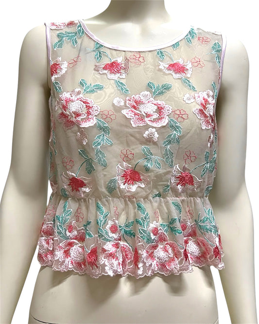 Pink Embroidery Tulle Crop Top